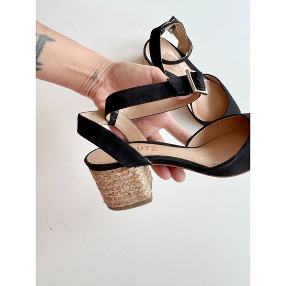 SCHUTZ Black Suede Tan Leather Pointed Cap Toe Jute Block Heel Sandals, Size 5.5 - Picture 4 of 15